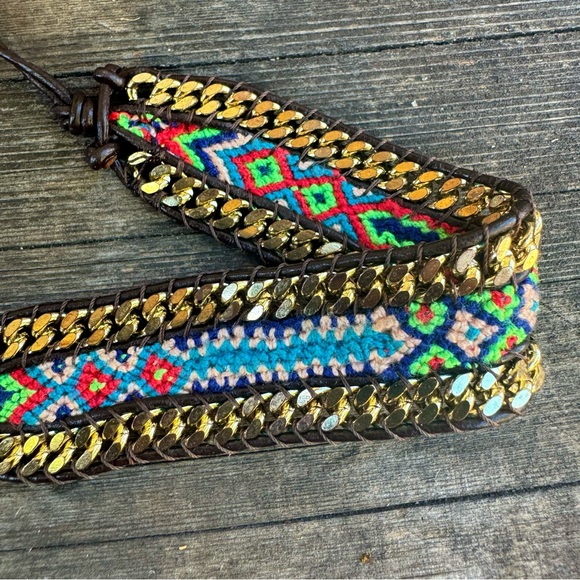 NWOT✨ Boho Western Colorful Macrame Gold Chain & Leather Friendship Bracelet - Picture 11 of 16